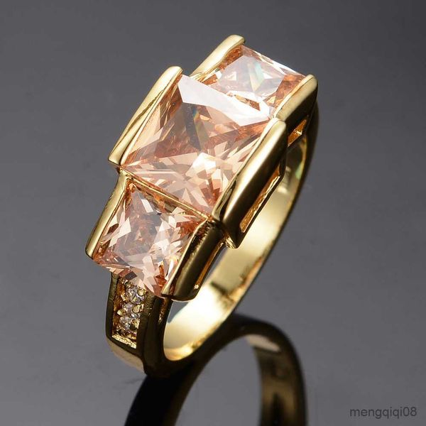 Anéis de banda de luxo feminino champanhe cristal anel amarelo ouro cor casamento grande para noiva noivado quadrado feminino