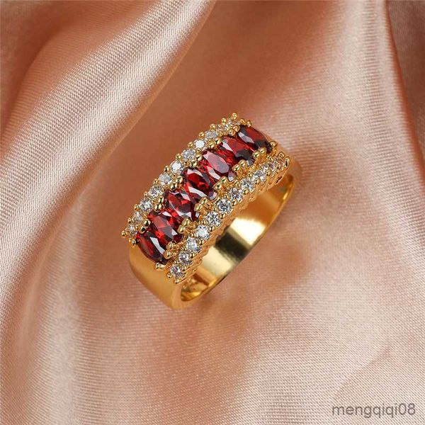 Anéis de banda de luxo feminino anel de cristal vermelho charme grande cor de ouro casamento para mulheres promessa geométrica zircão noivado