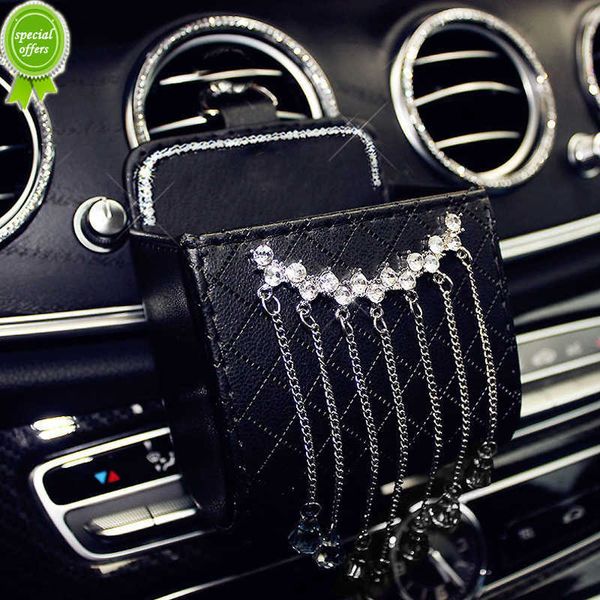 Nova caixa de lixo criativa com borlas de cristal para saída de ar de saída de ar para carro, suporte para celular, bolsa organizadora de diamante, bolsa de armazenamento pendurada