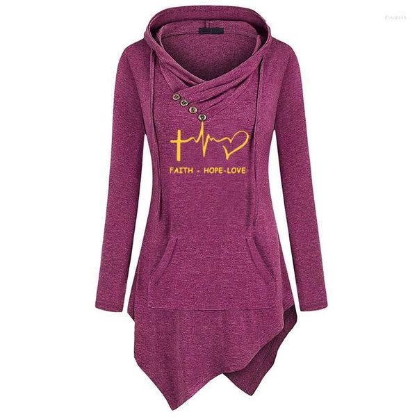 Kadın Hoodies İnanç Umut Aşk Hıristiyan Baskı Tırnak Düğmesi Kapşonlu Pileli Kazak Gevşek Düzensiz Çapraz Yama Çantası Kadın Sweater