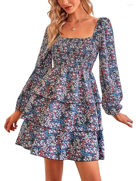 Abiti casual Moda donna Mini abito selvaggio Stampa floreale Collo quadrato Manica lunga Volant Torta Primavera Autunno