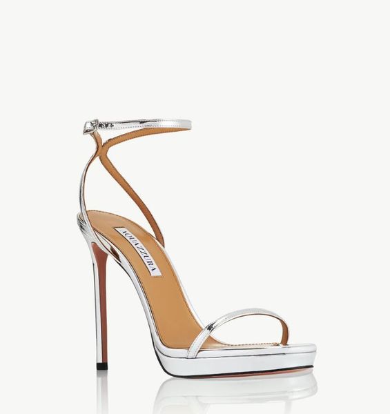 Silver Leather Platform Sandals: Aquazzuras Ankle Strap Stilettos, Ideal for Party Dress & Evening Wear