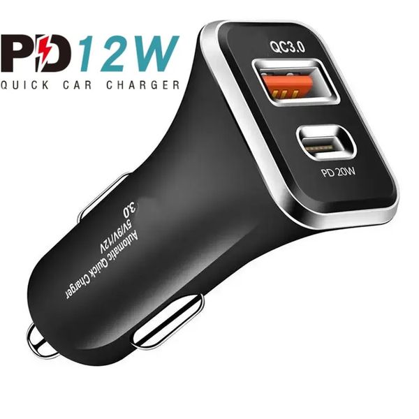 Carregador de carro 12W PD USB Porta dupla Carregamento de telefone 2.4A QC3.0 Carregamento rápido Car USB tipo C Carregadores para iPhone Samsung Xiaomi LG GPS