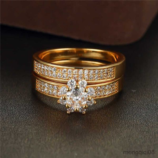 Anéis de banda de luxo feminino branco zircão conjunto de anéis moda ouro amarelo noivado floco de neve casamento para mulheres