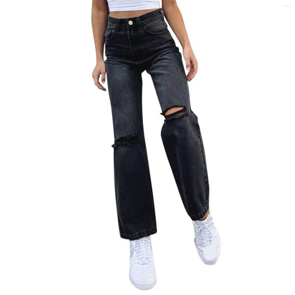 Jeans da donna Pantaloni classici da donna Pantaloni neri casual a vita media Tasche dritte Pantalone in denim BuScrunch con foro strappato