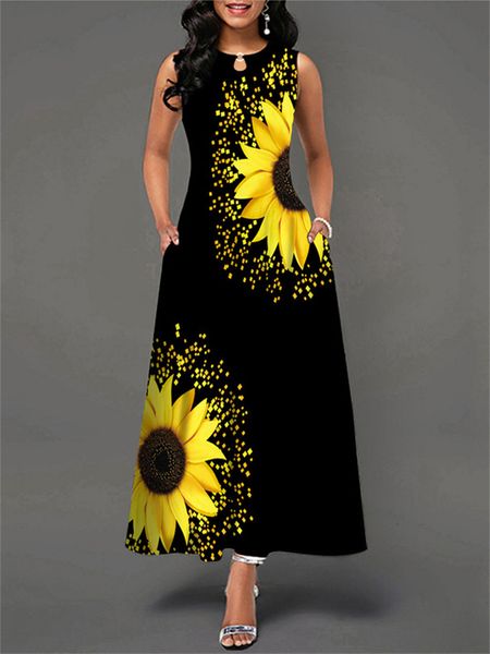 Temel gündelik elbiseler yaz elbise kadın ayçiçeği baskı sundress kolsuz içi boş o boyun ince moda büyük hem siyah uzun elbise vestidos 230531