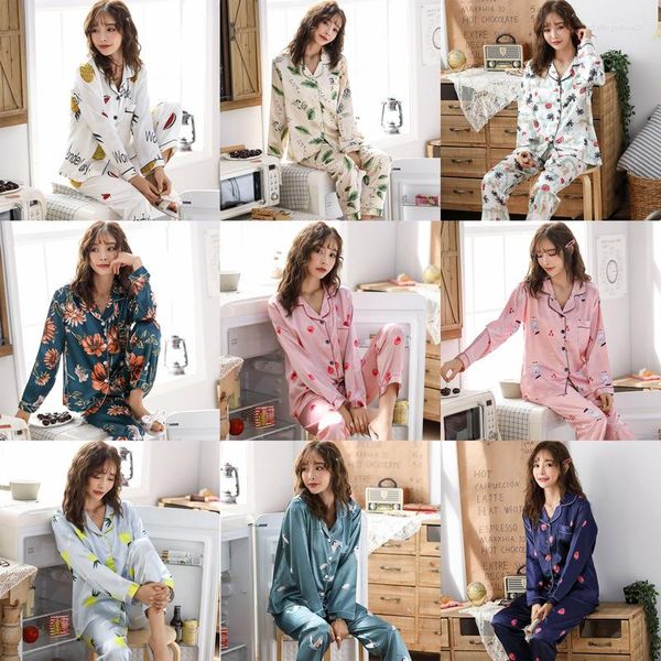 Roupa de dormir feminina imitação de seda pijama manga longa primavera e outono home lapela coreana nobre roupa íntima feminina terno de duas peças