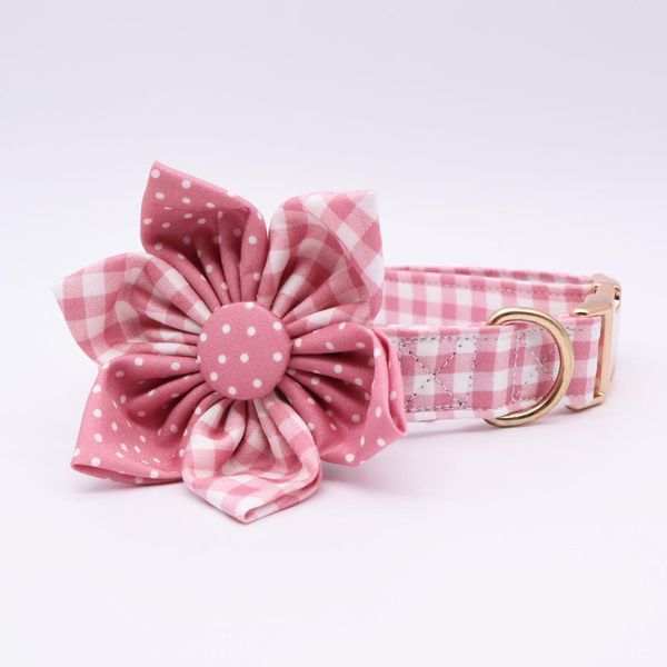 Collars Pink Pois Dot Girly Cane Collar Bow Dog Flower per Pet Dog Cat con fibbia in metallo in oro rosa