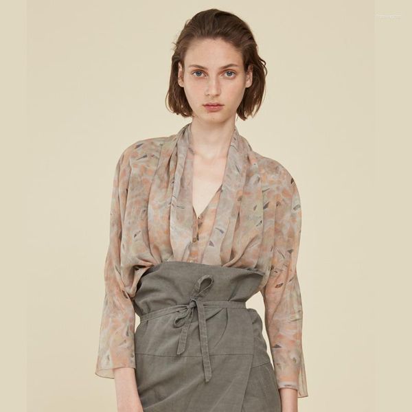Magliette da donna Minority spagnola Monet Garden Light Garden e sottile camicia stampata in seta a gelso