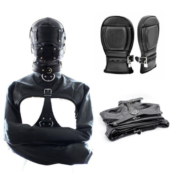 Produtos Preto Couro Sintético Straitjacket Bondage Head Hood Mitts Luvas Bdsm Adulto Jogos Ajustáveis ​​Contenção Corporal Brinquedos Sexuais