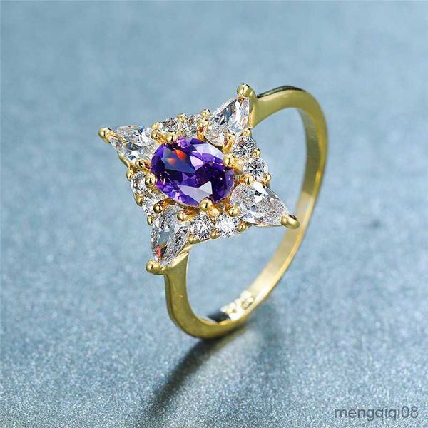 Anéis de banda elegante feminino cristal roxo anel oval bonito amarelo ouro fino casamento para mulheres nupcial geométrico noivado