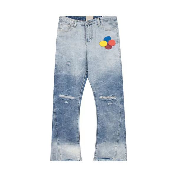 Trendy High Street Herren Modedesigner Jeans Blue Denim Flared Hosen Pant Youth Rivet Print Patch Weiße Jeans Sticker Kicks Z01Z