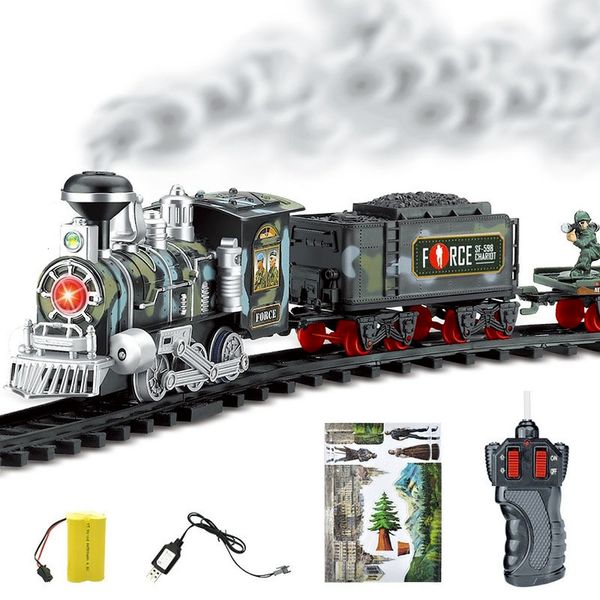 Elektro-/RC-Gleis, elektrisches Rauch-RC-Dampfeisenbahn-Simulationsmodell, ferngesteuerter Zug, Beförderungsauto, wiederaufladbares Set, Modell, Kinderspielzeug, 230601