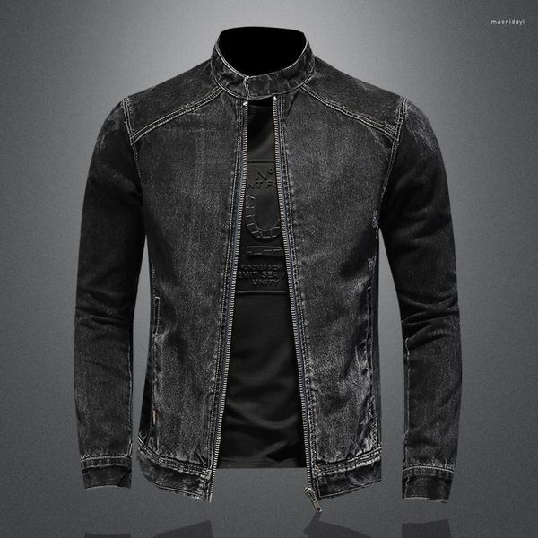 Herrenjacken Herren Denim Biker Motorradjacke Schwarz Stehkragen Elastisch Slim Fit Cowboy Mantel Lässige Baumwolljeans