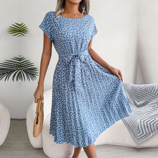 Basic Casual Kleider Ficusrong Fashion Floral Falten Eine Linie Langes Kleid Frauen Frühling Sommer kurzärmelig High Taille Chic Dress 230531