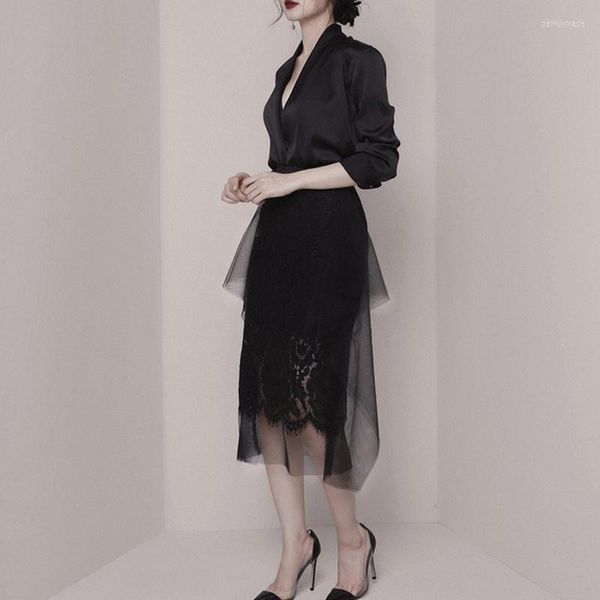 Vestido de duas peças conjunto de 2 mulheres casual elegante vintage preto escritório senhora roupas coreanas Y2k Crop Top V camisa saia de renda 2023 primavera chique