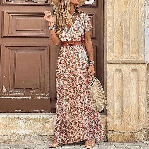 Vestidos Casuais Básicos Boho Paisley Estampado Vestido Feminino Elegante Decote em V Manga Curta Cinto Bainha Grande Vestido Longo Verão Vintage Festa na Praia Vestido Maxi 230531