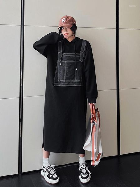 Casual Kleider 2023 Schwarz Koreanische Mit Kapuze Hoodies Für Frauen Elbise Lose Plus Größe Langarm Fleece Frau Hemd Maxi