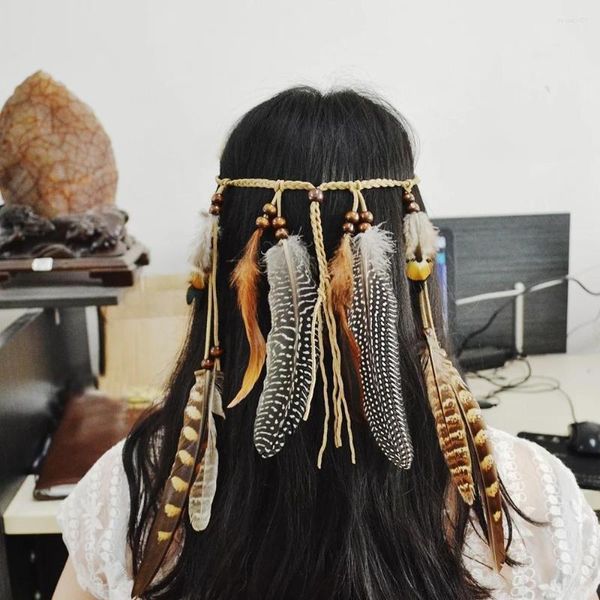 Grampos de Cabelo Boho Vintage Étnico Adulto Banda Pingente de Penas de Pavão Tiara Folhas Corda Cinto de Malha Elástico Acessórios de Cabelo Touca Jóias