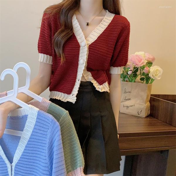 Moda feminina suéter de malha para 2023 feminino com decote em v túnica de manga curta sueter mujer malha coreana doce patchwork Y2k tops pull femme