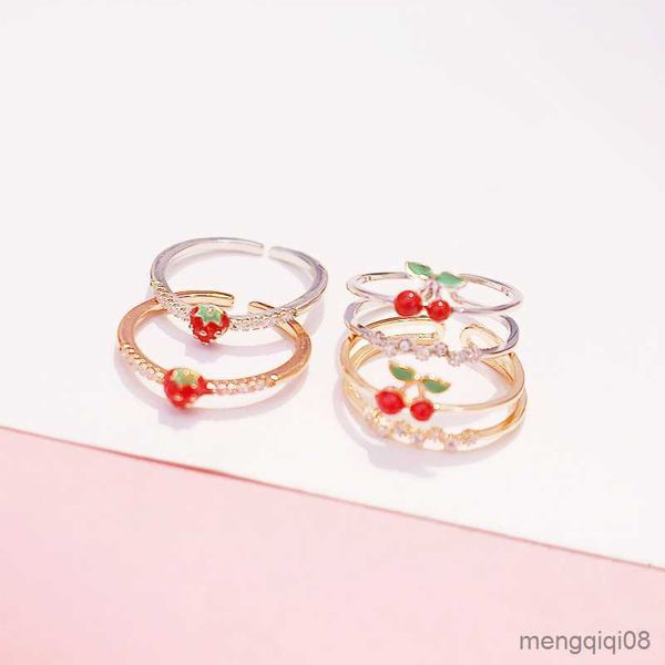 Рандные кольца модный сладкий вишневый хрустальный металлический золотой серебряный цветовой слой кольцо, регулируемое для женщин ювелирных изделий для девочек