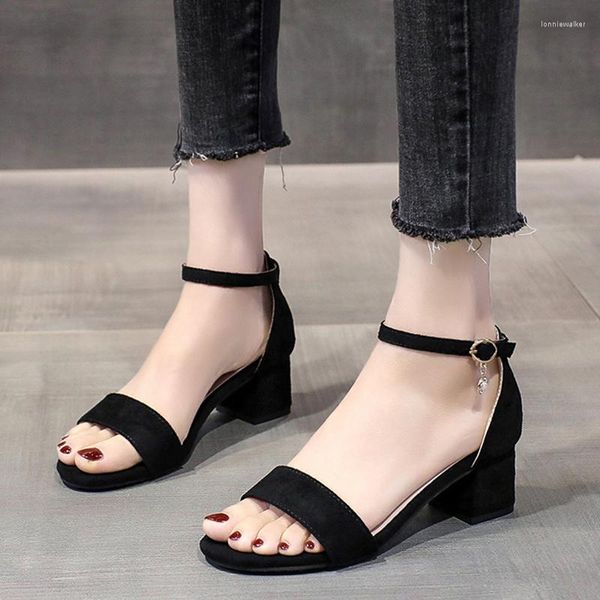 Sandálias 2023 Verão Feminino Salto Quadrado Moda Preto Alça no Tornozelo Sapatos Mulher Cor Sólida Dedo do Pé Aberto Cristal