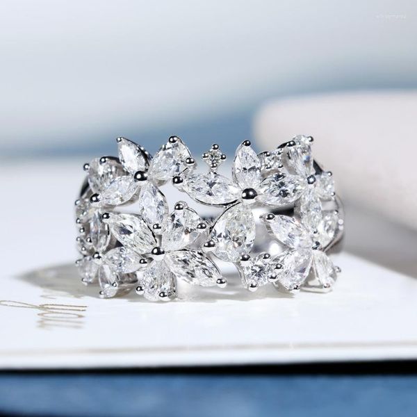 Anillos de racimo, anillo giratorio de pétalo de plata 925 para mujer, circonita Natural, oro rosa, boda, novia, joyería de moda de lujo para mujer