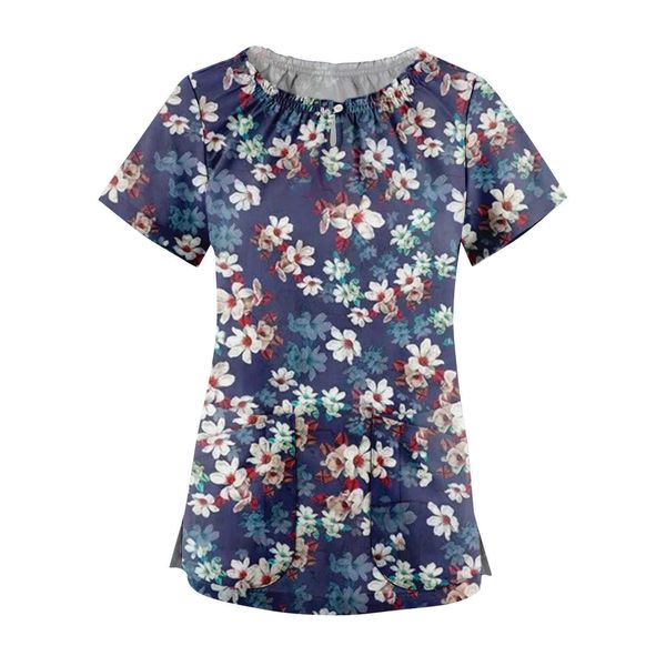 Uniforme de enfermagem mulheres tops tops roupas de trabalho estampa floral manga curta trabalho verão túnica blusa com bolso uniformes médicos