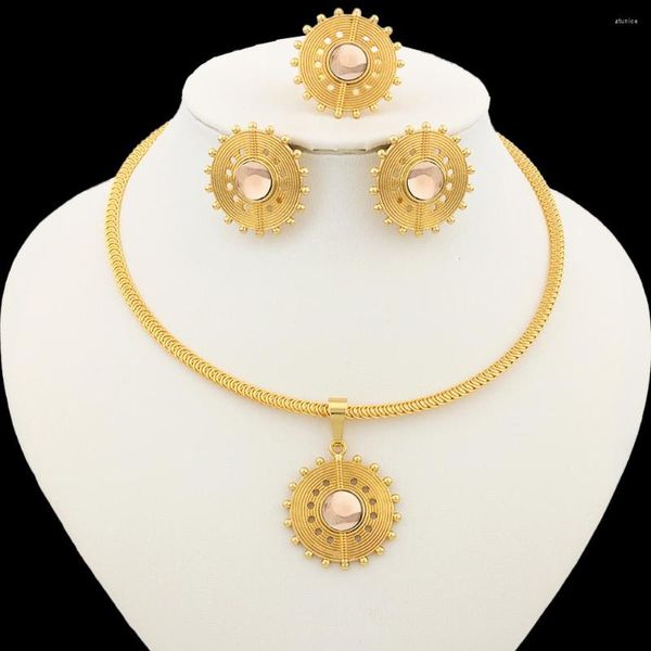 Halskette-Ohrringe-Set, afrikanische Goldfarbe und Schmuckstein-Design, Clip-Anhänger mit Ring, 3-teilig für Hochzeiten