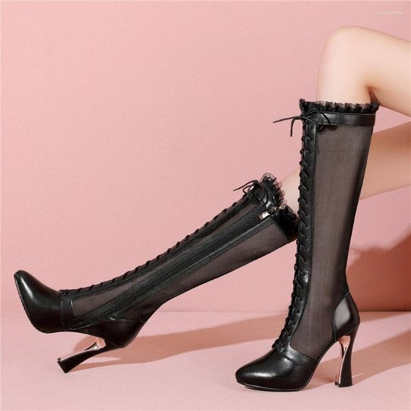 Сандалии 2023 Берг высокие ботинки Женщины подлинная кожаная каблука Римский гладиатор самка летние заостренные насосы для ног. Обувь повседневная