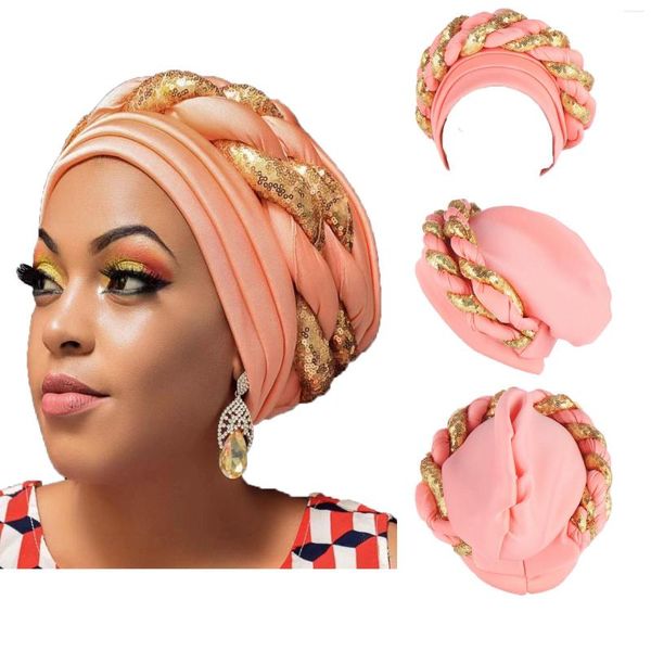 Berretti Auto Gele Strato spaziale musulmano Bicolore Paillettes Torsione Foulard Cappello Turbante Durag Accessori per capelli da ballo per le donne