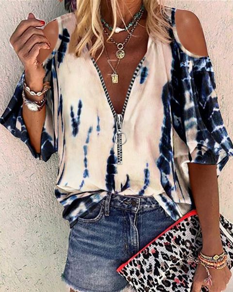 Maglioni da uomo T-shirt da donna estive con spalle scoperte Top a maniche corte Stampa tie-dye Camicie Camicette Zip Up Scollo a V Abbigliamento donna