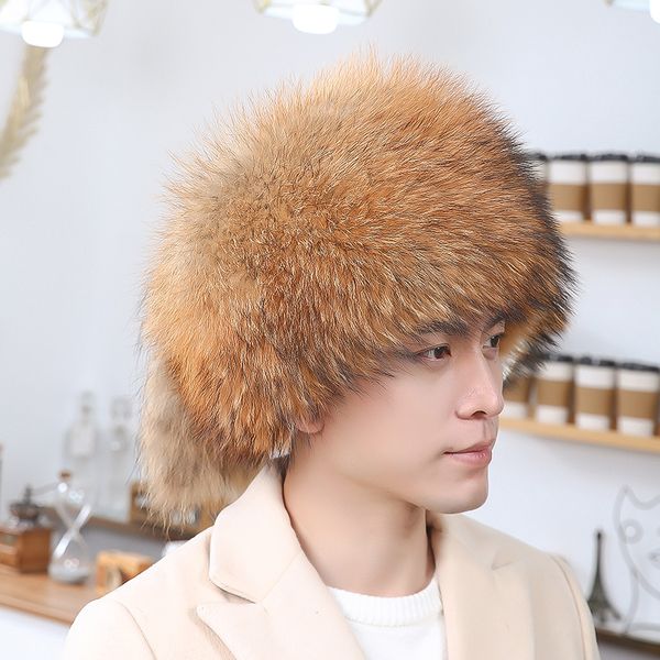Chapéu unissex totalmente coberto de pele de raposa real, caçador russo, chapéu ushanka, chapéu alto, chapéu de caçador, boné quente ao ar livre