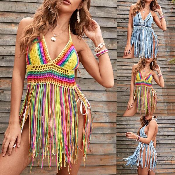 Costumi da bagno da donna Copricostume da donna Copricostume lavorato a mano all'uncinetto Vestito con nappe vintage Abito da spiaggia femminile da vacanza L5