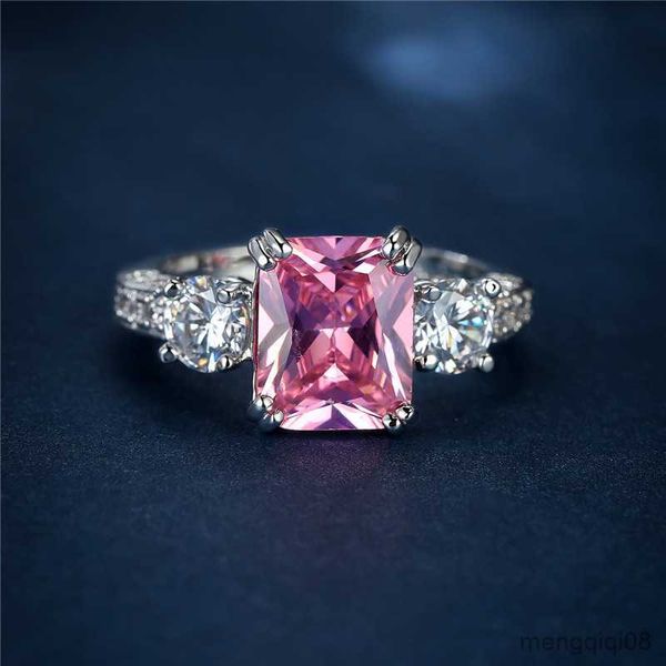 Bandringe Luxus Weiblicher Großer Quadratischer Ring Charme Silber Farbe Liebe Verlobung Kristall Rosa Zirkon Hochzeit Für Frauen