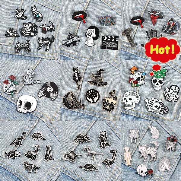 4-7pcs serin punk tarzı broşlar iskelet kafatası hayvan dinozor kedi karanlık emaye rozeti gotik çanta gömlek pimi mücevher hediye toptan