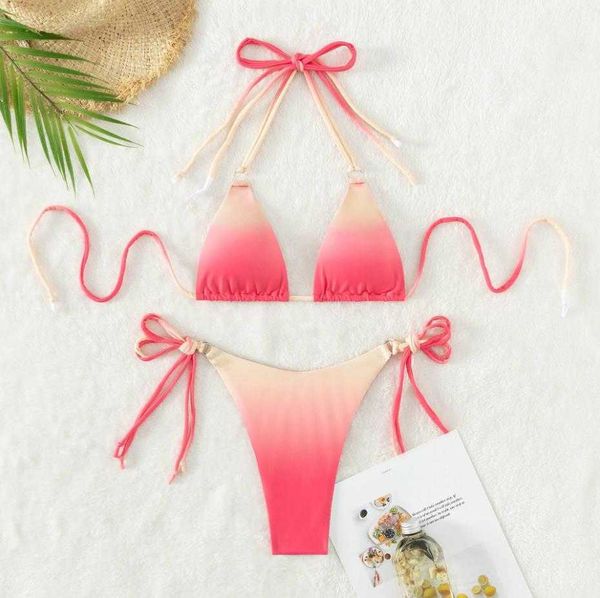 2023 nuove donne sexy estate 2 pezzi bikini set senza maniche Halter fasciatura collo reggiseno di colore sfumato + vita bassa allacciare bikini perizoma