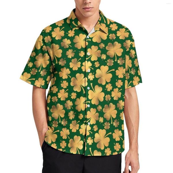 Мужские повседневные рубашки Св. Патрикс День Золотая фольга Шамрокс -пляжная рубашка летние винтажные блуз