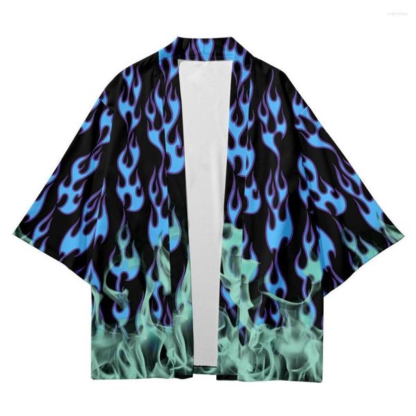 Ethnische Kleidung im japanischen Stil Sets Mode Kimono Männer Frauen Plus Größe 6XL Blaue Flamme China Harajuku Strickjacke Haori Obi Asiatische Kleidung Hosen