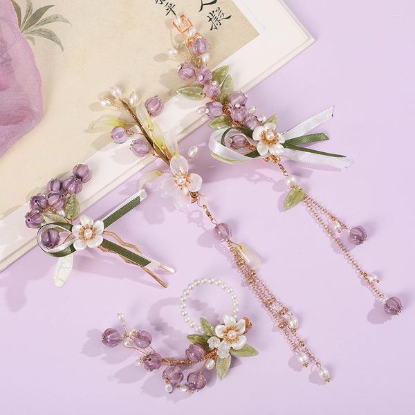 Haarspangen Lila Glocke Orchideenförmige Stifte und chinesischer Retro Hanfu Kleid Styling Schmuck für Frauen Anhänger Perlenkopfschmuck