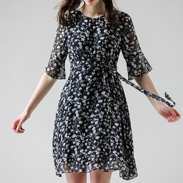 Sıradan Elbiseler Kadın Yaz Elbisesi İpek Koreli Moda Orta Koltuk A-Line Çiçek Sokak Giyim Bayanlar Zarif Tasarım Kıyafetleri XHL168