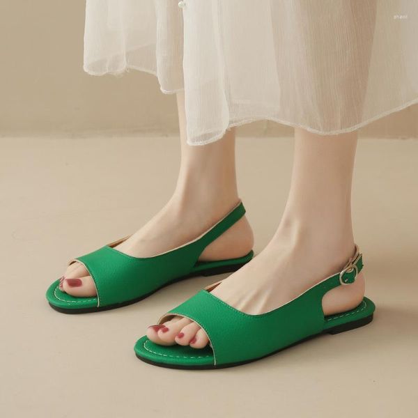 Sandália Feminina Verão Fundo Plano Boca de Peixe Sólida Sapatos Casuais Todos os Dias Simples Sandálias com Fivela Preto Verde