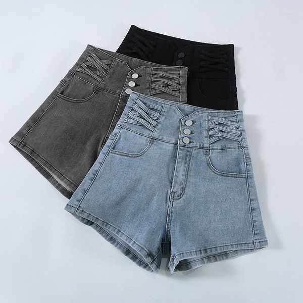 Pantaloncini da donna 2023 Summer Women's Black Denim Vita alta Design multi-bottone Coreano Sexy Girl A-line Jeans corti Goccia blu grigio