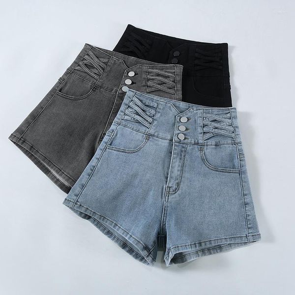 Shorts Feminino 2023 Verão Feminino Jeans Preto Cintura Alta Modelo com Vários Botões Coreano Sexy Menina Linha A Short Jeans Cinza Azul Gota