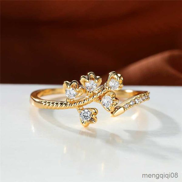 Anéis de banda de luxo feminino branco zircão anel aberto promessa ouro amarelo cor árvore noivado casamento para mulheres