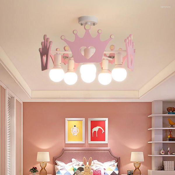 Lampadari Nordic Pink Lampadario Lampade per bambini Camera da letto Illuminazione E27 Lampadina Crown Design Princess Luci per bambini AC 220V 230V