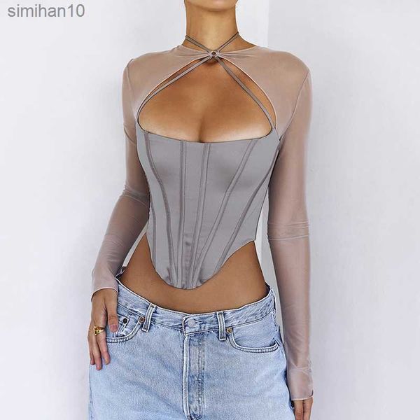 Sexy Club Party Blusen Frauen Korsett Crop Tops 2023 Sommer Mesh Shirts Bluse Aushöhlen Langarm Sex L230518