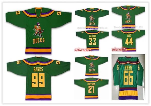 Costura vintage anaheim''hockey'ducks''movie 33 Greg Goldberg 44 Fulton Reed 99 Adam Banks 21 Dean Portman 66 Bombaim 9 Kariya Jerseys Green