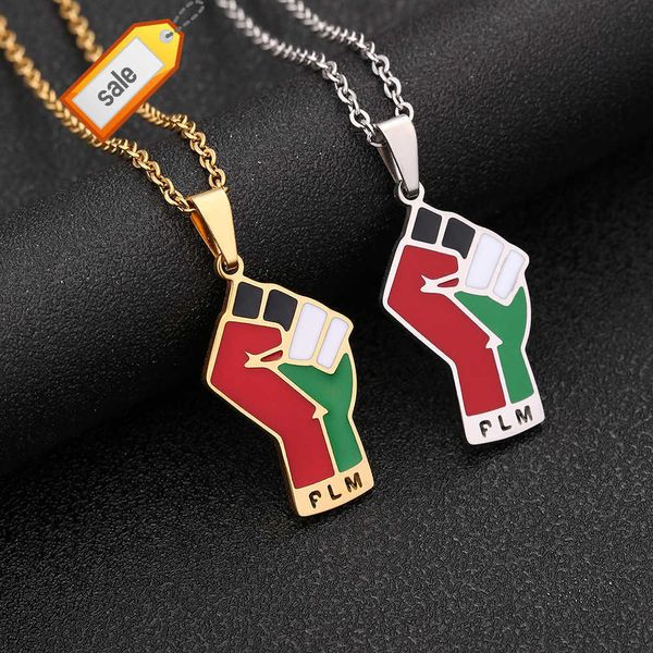 Colar com Pingente de Mapa da Palestina em Forma de Punho Aço Inoxidável Esmaltado Banhado a Ouro 18K Esmaltado Mapa da Palestina