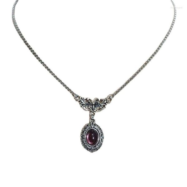 Anhänger-Halsketten Vintage-Spitze viktorianische Halskette Vampir-Fledermaus Gothic-Halsband klobige Kette lila Kristall-Edelstein-Anhänger Unisex